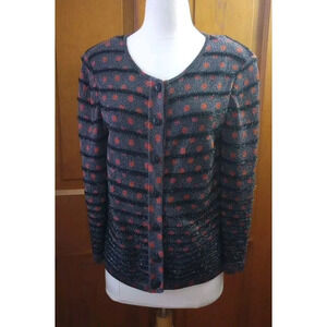 St John Womens M Knit Cardigan Black Striped Metallic Polka Dot Top Holiday